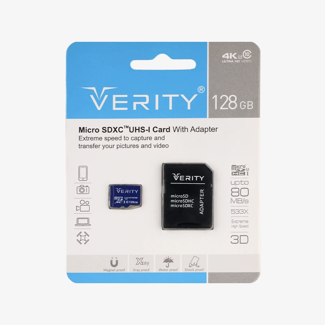 کارت حافظه Micro SDXC وریتی استاندارد UHS-I U3 ظرفیت 128 گیگابایت با کارت خوان SD